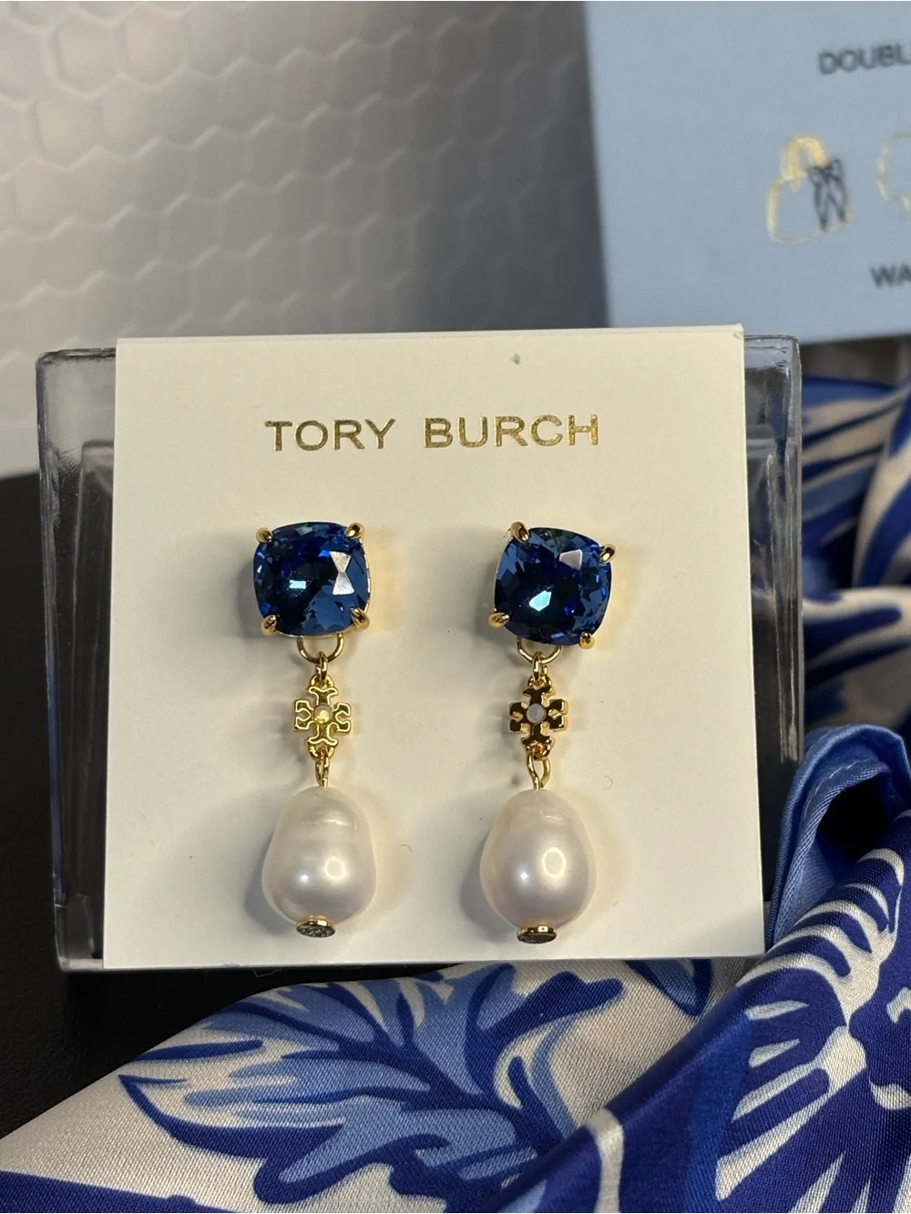 Tory Burch Drop Earrings with Blue Crystals and Pearls and Fashion Scarf NWT